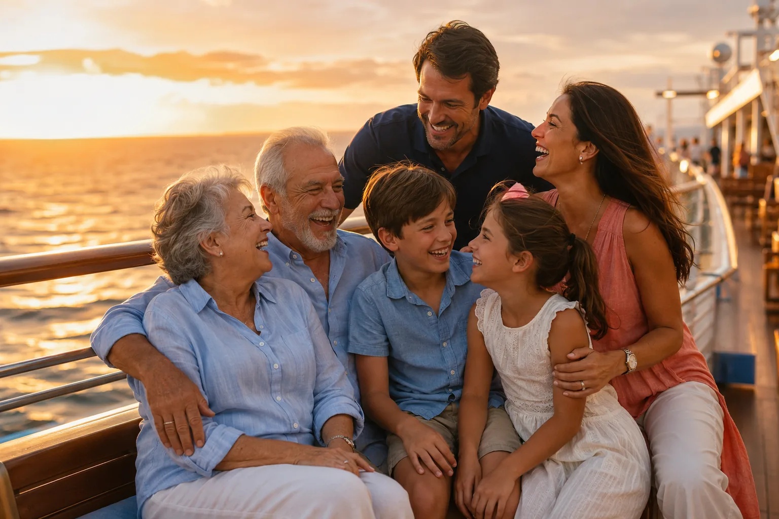 Família de várias gerações reunida e sorrindo no deck de um navio de cruzeiro ao entardecer