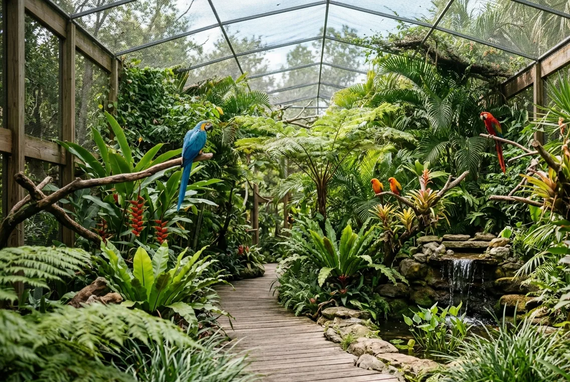 Interior de aviário tropical com vegetação densa e aves coloridas pousadas perto de uma passarela de madeira