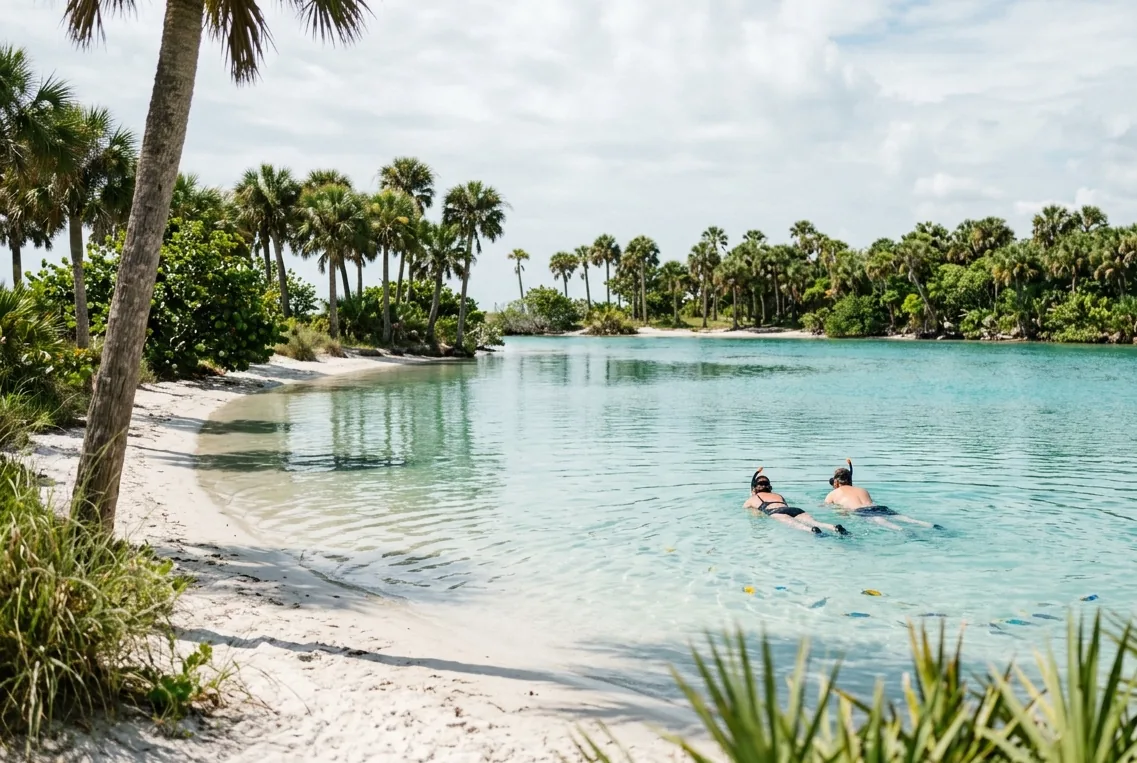 Lagoa de água salgada cercada de areia branca e vegetação tropical, com pessoas fazendo snorkel