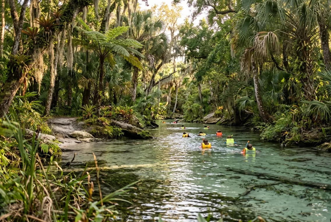 Rio de águas claras entre vegetação tropical, com visitantes nadando de colete