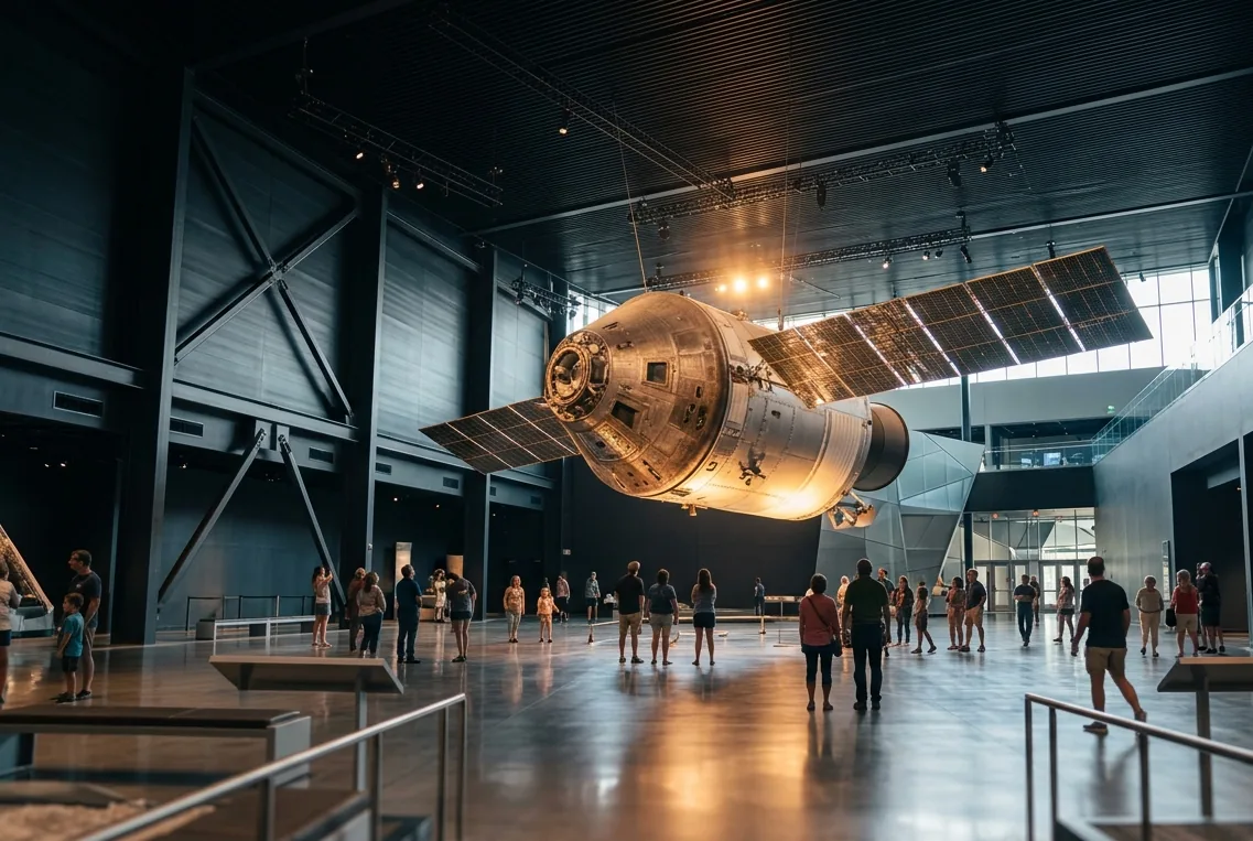 Nave espacial suspensa no interior de um grande hall de museu, com visitantes observando de baixo