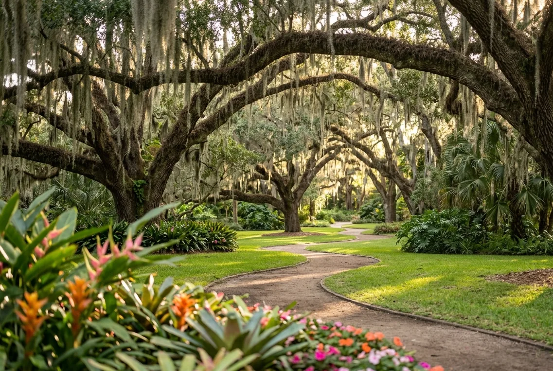 Jardim botânico histórico com carvalhos centenários cobertos de musgo espanhol e canteiros de flores