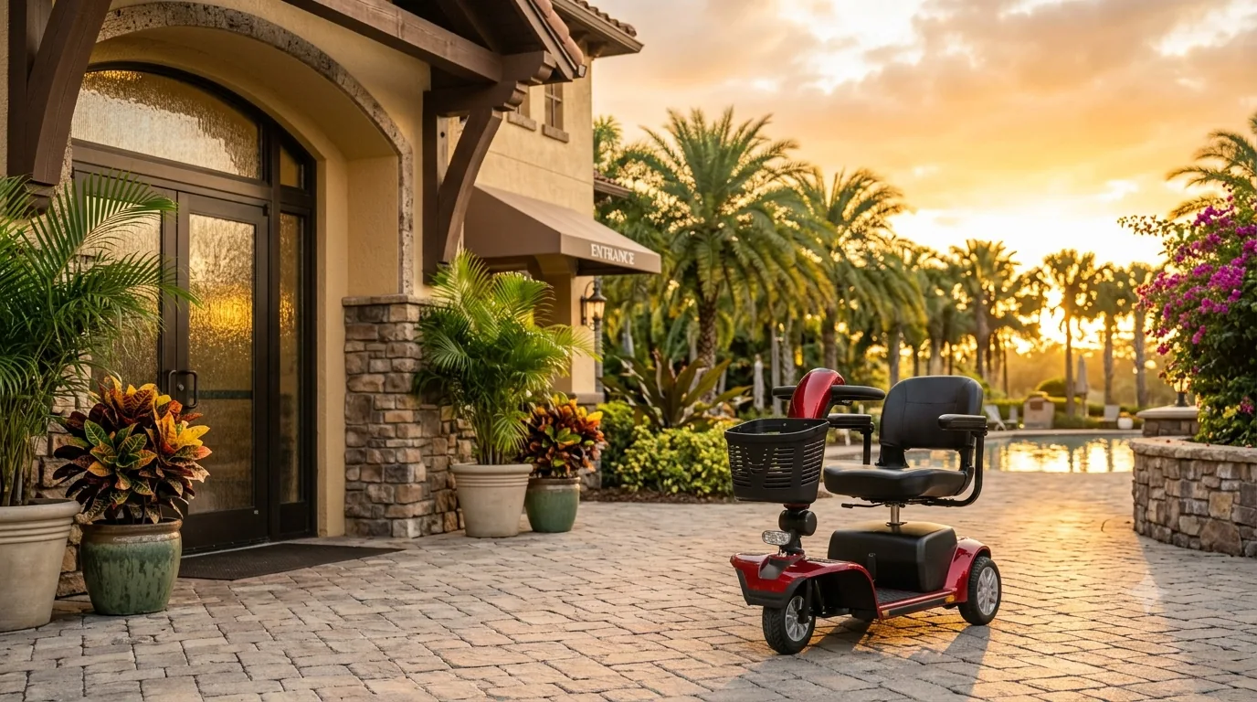 Scooter elétrica estacionada na entrada de um resort em Orlando, ao entardecer